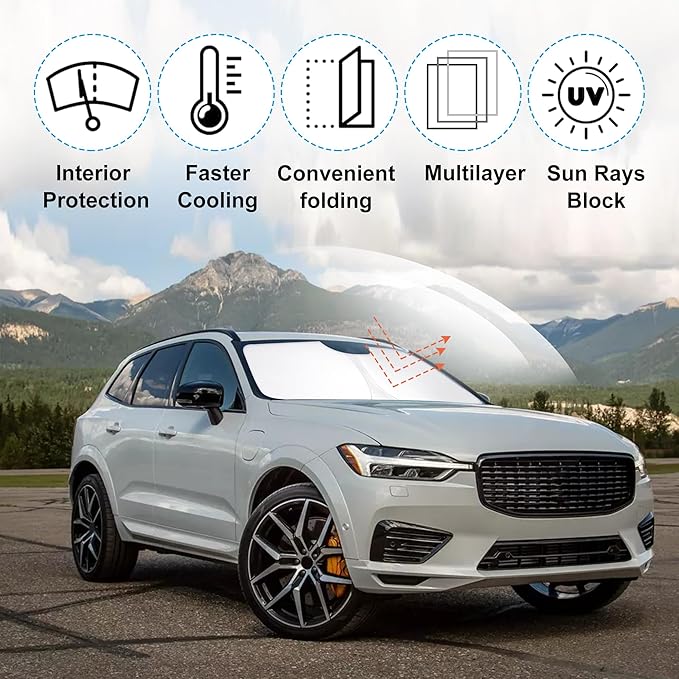 Front Windshield Sun Shade Foldable Car Front Window Sun Shade Windshield Shade Custom Fit for 2018-2025 2026 Volvo XC60 Block UV Rays Accessories Heat Keep Car Cooler