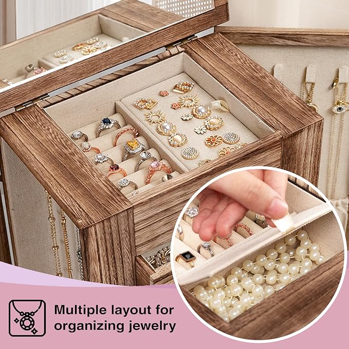 Emfogo Jewelry Box for Women, 5 Layer Large Wood Boxes & Organizers for Necklaces Earrings Rings Bracelets, Rustic Organizer 