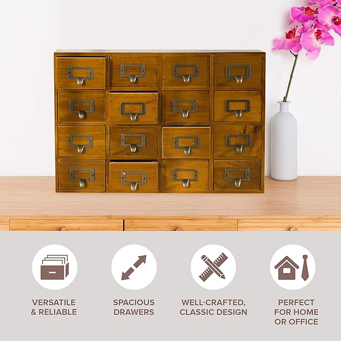 Card Catalog Desk Drawer Organizer - Wooden Storage Box with 16 Drawers - Home Office Desk Organizer Curio Cabinet - Rustic D