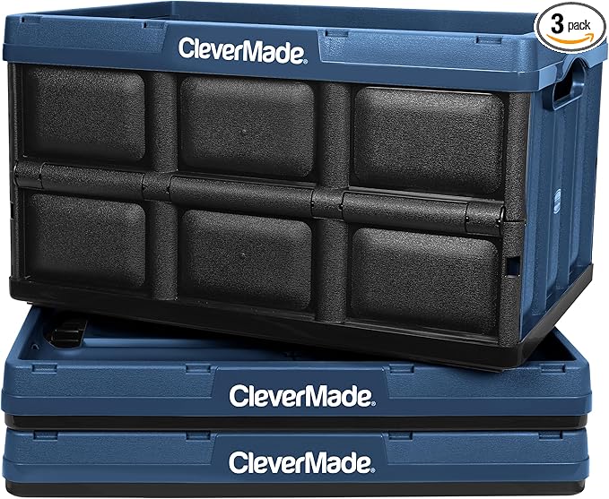 CleverMade Collapsible Storage Bins 46L (3-Pack) – Heavy Duty Collapsible Plastic Storage Bins, Stackable Folding Storage Bin