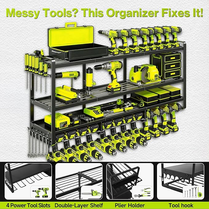 49" Heavy Duty Wall Mount Power Tool Organizer, 4-Tier Storage Rack with 12 Drill Holders & Battery Shelves, 600LBS Capacity 