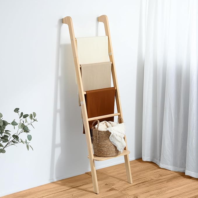Taozun 66in Boho-Style Blanket Ladder for Living Room Decor, Wall-Leaning Farmhouse Display Towel Rack for Throw Quilt with L