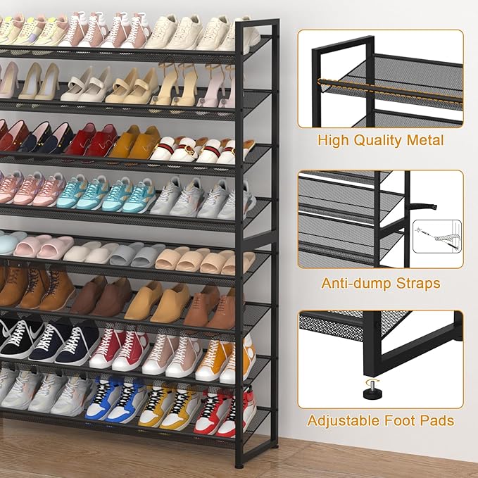 Large Shoe Rack 8 Tier Shoe Organizer, Heavy Duty Metal 4-Tier Stackable Shoe Storage Vertical Shoe Rack for Closet Front Doo