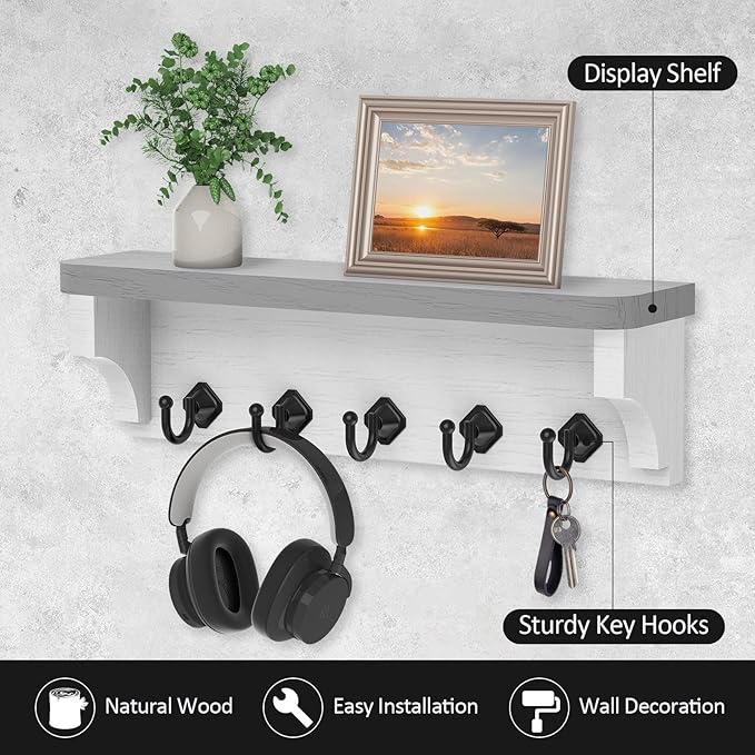 Nekon Key Holder for Wall, 11.8" W x 3.5" H x 2.8" D Decorative Key Organizer with Floating Shelf, Wall Mount Key Rack with 5