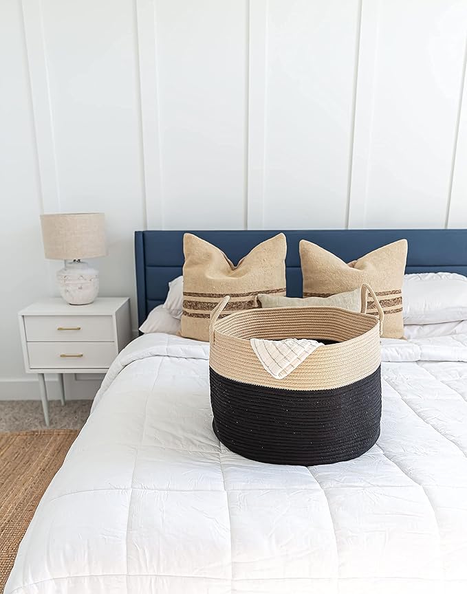 OrganiHaus Large Woven Storage Basket for Blankets and Toys 20" x 13" Inch, Rope Laundry Basket with Handles, Cushions & Pill