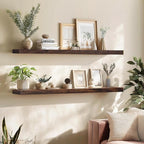 Floating Wall Shelf 48x6.8x1.7 Inch – Solid Wood Shelf in Walnut Finish – Extra Long Wall Mounted Rustic Display Shelf for Li