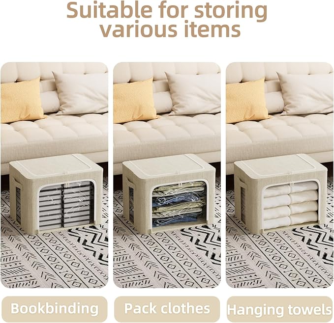 FHSQX 8 Pack Clothes Storage Bins - Foldable Storage Bins for Clothes Fabric Storage Box with Metal Frame (Beige, 19.7x15.7x1