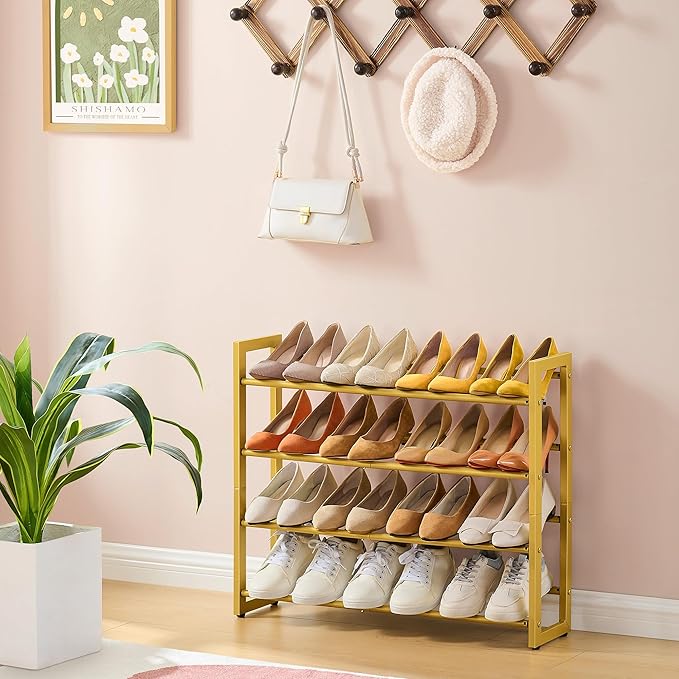 FAVOOSTY 4-Tier Expandable Shoe Rack, Adjustable Shoe Shelf Storage Organizer Space Saving Metal Free Standing Shoe Rack for 