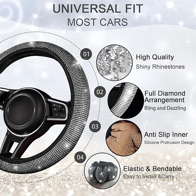 NBTEPEM Bling Car Floor Mats Full Set and Steering Wheel Cover, Universal Fit Most Cars, 4 pcs Sparkle Glitter Diamond Carpet, 5 pcs Bling Car Accessories Set for Women (Silver Diamond)