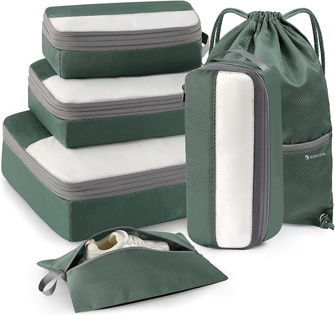 6 Set Compression Packing Cubes for Travel, Bonus Versatile Drawstring Backpack, Lightweight Luggage Organizer Bags, Sturdy T