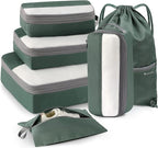 6 Set Compression Packing Cubes for Travel, Bonus Versatile Drawstring Backpack, Lightweight Luggage Organizer Bags, Sturdy T