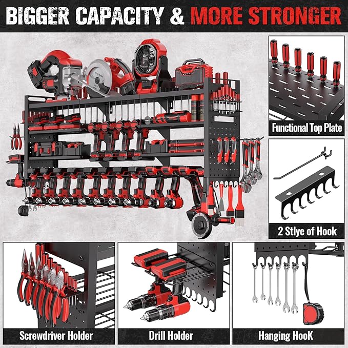 49.8" W Super Large Power Tool Organizer Wall Mount,4-Layer Heavy Duty Tool Storage with 18 Cordless Drill Holder,600 lb Capa
