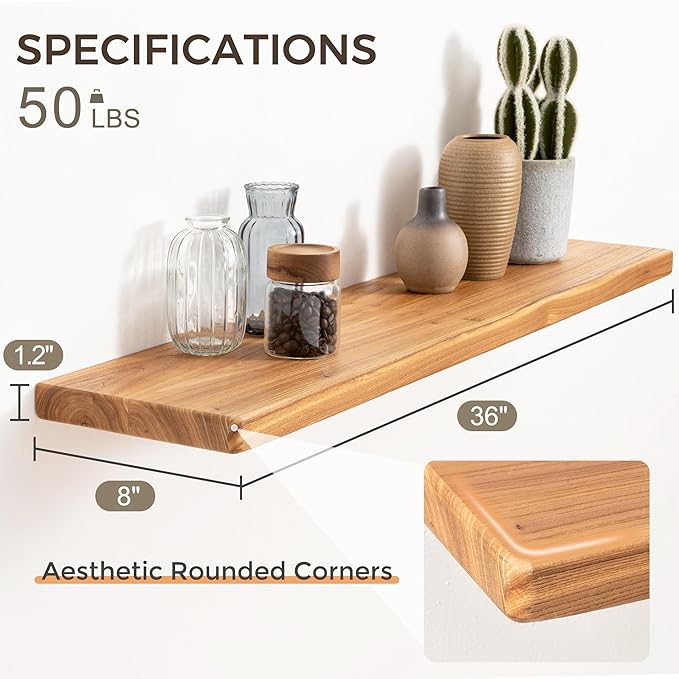 36" Rustic Elm Wood Floating Shelves, 8 Inch Deep Wall Shelves for Home Decor, Wall Mounted Floating Shelf with Invisible Bra