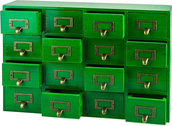 Emerald Green Wood 16-Drawer Apothecary Small Cabinet - 20"x3.6”x14” Card Catalog Style Table Top Organizer - Wooden Storage 