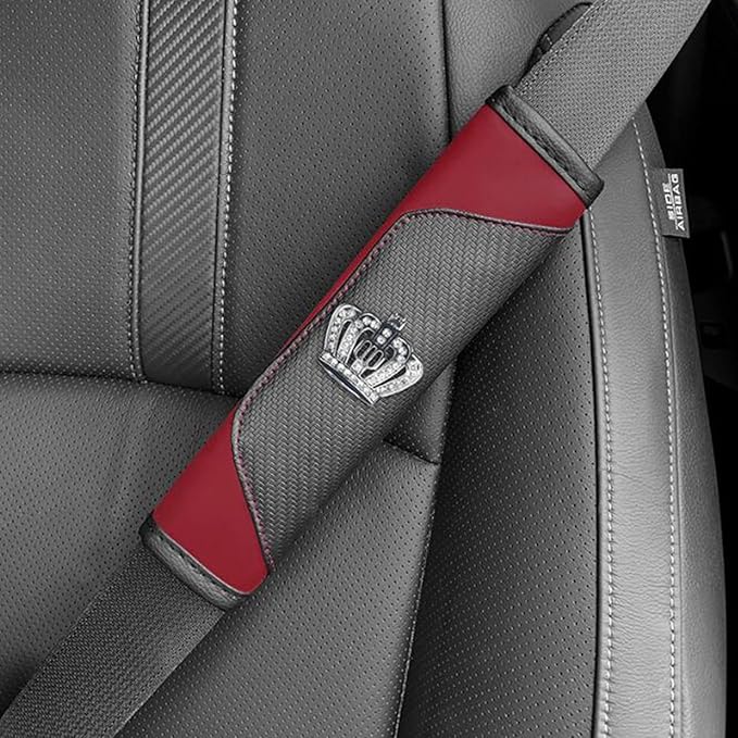 Car Seat Belt Cover 2 Pcs Leather Shoulder Pad with Bling Crown Protector Car Safety Strap Covers Accessories,Wine red