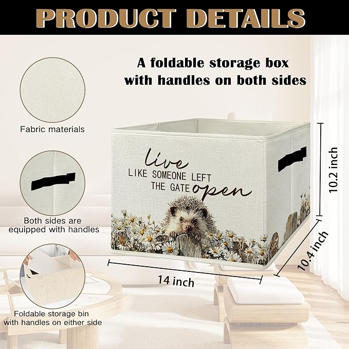Rustic Hedgehog Storage Bins & Boxes with Handles, Farmhouse Hedgehog Foldable Basket for Organizing, Live Like Someone Left 