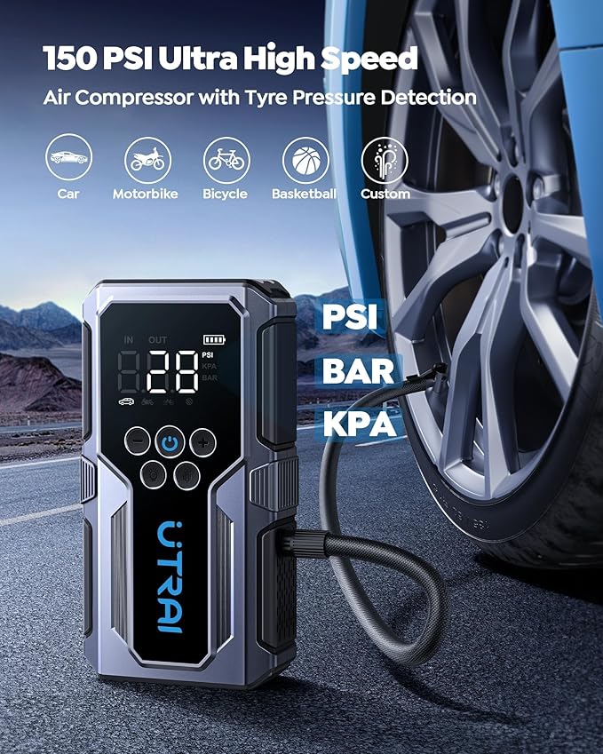 UTRAI Jump Starter with Air Compressor, 4000A Battery Jumper Starter Portable with 150PSI Tire Inflator, 18W Fast Charge,