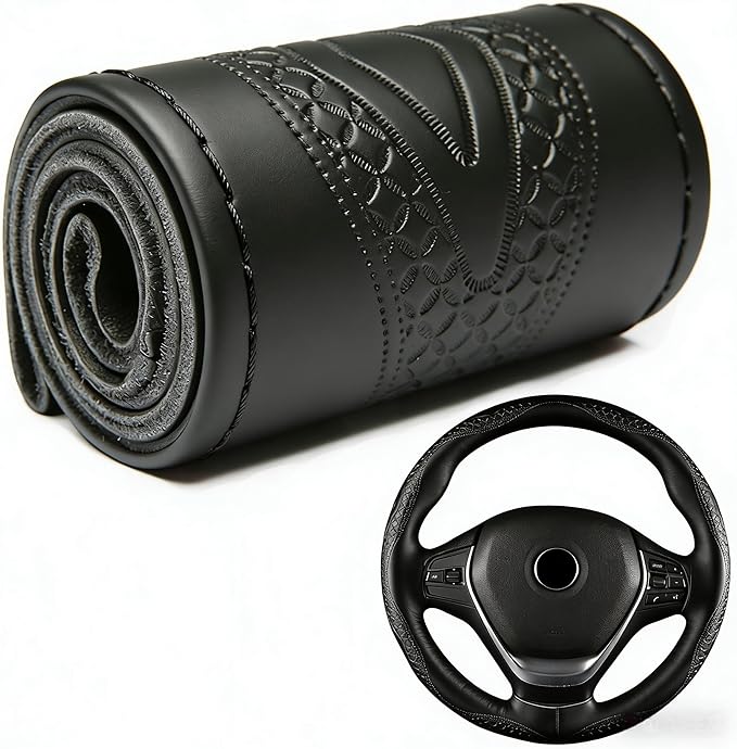 DEEYOTA Car Steering Wheel Cover Universal Fit Round Stitch Steering Wheel Wrap Thin PU Leather Steering Wheel Cover Sewn on 