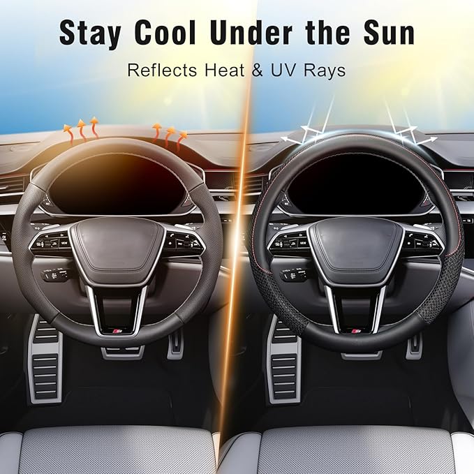 KAFEEK 15 inch Steering Wheel Cover, Cooling Ice Silk Mesh with Microfiber Leather, Ultra Breathable, Anti Slip Car Grip, Hea