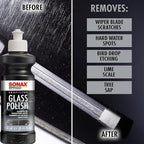 SONAX PROFILINE GlassPolish (250 ml) - removes slight scratches, blinding and etching from car windows made from glass. Silicone free | Item No. 02731410