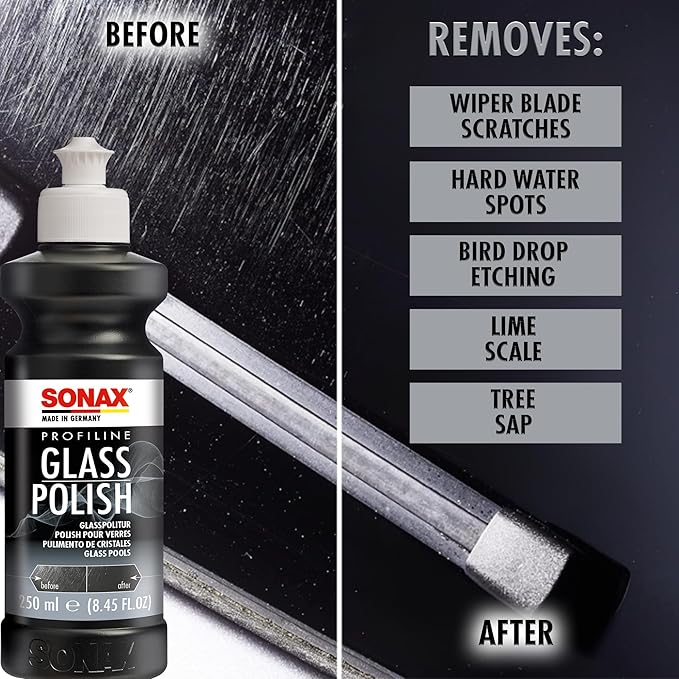 SONAX PROFILINE GlassPolish (250 ml) - removes slight scratches, blinding and etching from car windows made from glass. Silicone free | Item No. 02731410