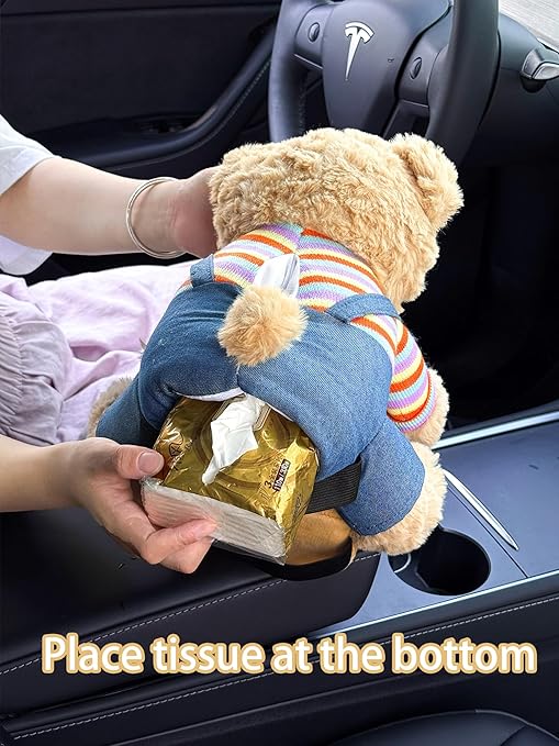 Cute Car Trash Can with Tissue Holder Teddy Bear Tissue Box Console Stuffed Animal Organizer Plush Doll Multifunctional Creative Accessories for Women Rainbow Bear
