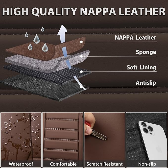 CAR PASS Nappa Leather Car Seat Covers Full Set, Luxury Seat Protector for Cars, Waterproof Anti-Slip Seat Cushion Armrest Co
