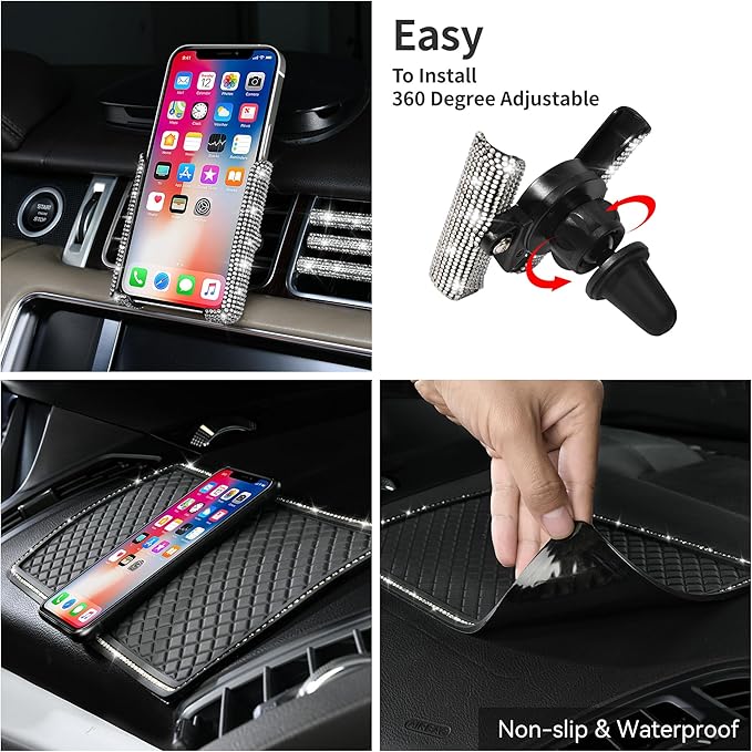 CAR PASS 30 PCS Bling Diamond Car Accessories Set for Women, Bling Steering Wheel Covers 15 Inch, Shining Rhinestone License Plate Frame, Sparkly Phone Holder, Cute Interior Set Decorations, Silver