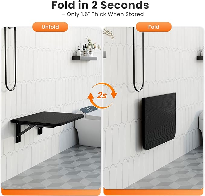 Foldable Floating Wall Shelves 16 inch, Bathroom Shelves Wall Mounted,12" Deep Wood Floating Kitchen shelves,Easy to Install 