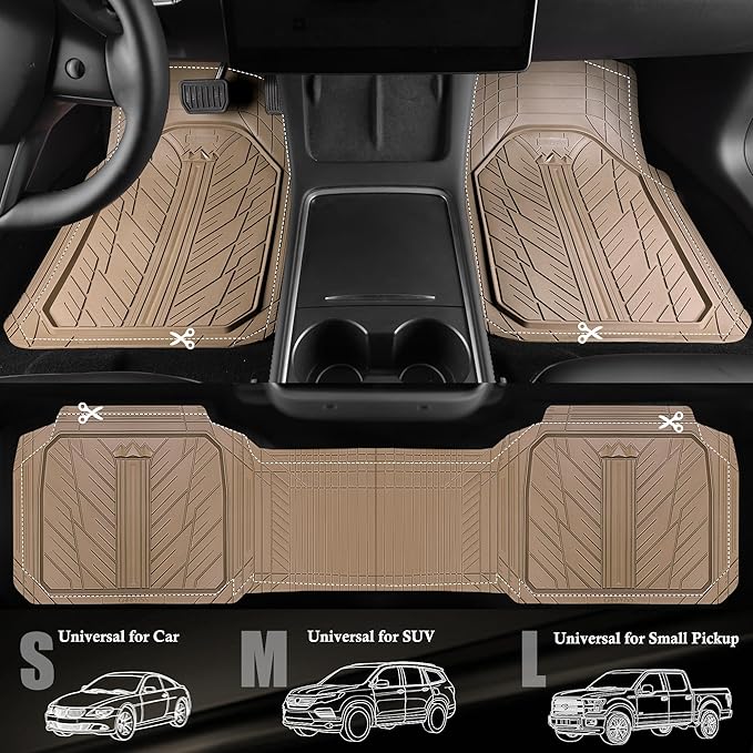CAR PASS Floor Mats for Cars M-L Size, Heavy Duty Rubber Floor Mats with Trunk Cargo Liner, Universal Trim-to Fit Automotive Floor mats for Truck Van SUV Waterproof All Weather Car Mats All Beige