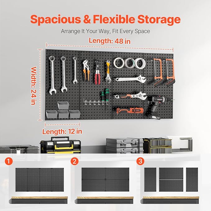 VEVOR Metal Pegboard Panels, 24" x 12" Pegboard, 4 Panels, Heavy Duty Peg Board Wall Organizer with Accessories, for Living R