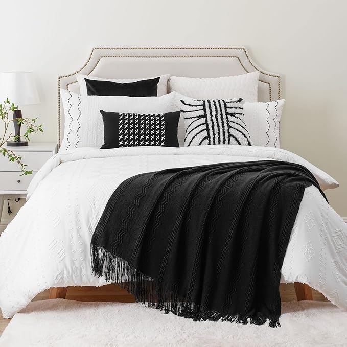 BATTILO HOME Black Throw Blanket with Fringe, Bed Throws for Home Decor, Decorative Black Knit Throw for Couch Sofa, 50"x60"