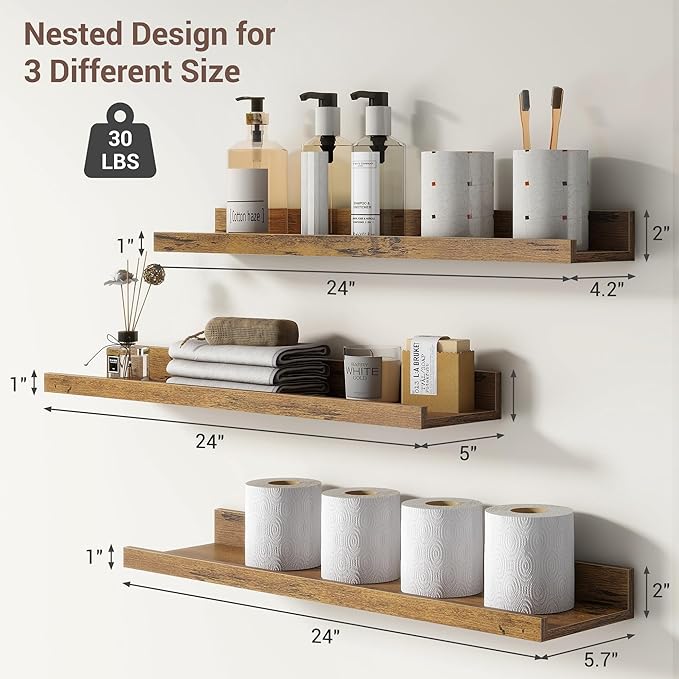 Axeman Picture Ledge Shelf | 24 Inch Brown Floating Shelves Set of 3 | Rustic Brown Wood Wall Shelves with Lip | 24" Picture 