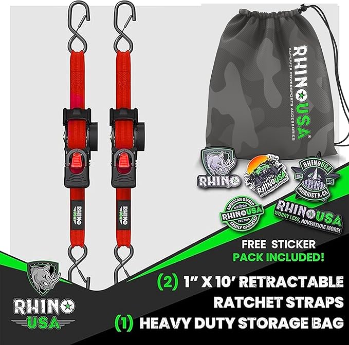 Rhino USA Retractable Ratchet Straps (2-Pack) - 1 Inch x 10 Feet (1,209lb Break Strength) - Auto Self Retracting Tie Down Straps for Truck, Cargo Trailer, Motorcycle, ATV, UTV - Red