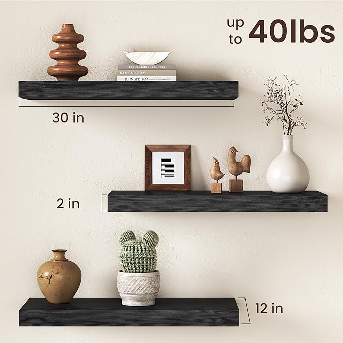 30Inch Black Floating Shelves for Wall, 12 Inch Deep Shelves for Bedroom, Kitchen, Bathroom Wall Mounted, Rustic Wood Floatin