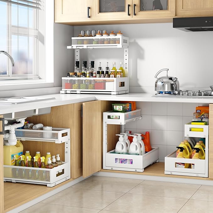 1 Pack-11.4"-16.14"H Under Sink Storage Organizer, Large 2-Tier Elegant Mesh Pull Out Shelf for Kitchen and Bathroom Cabinet 