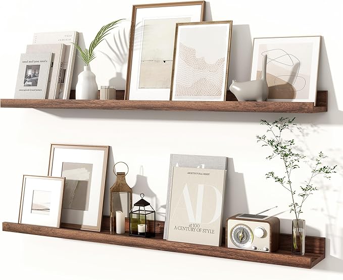 Fun Memories Picture Ledge Shelves Set of 2, 36 Inch Rustic Wall Mounted Floating Shelves with Lip for Home Storage and Décor