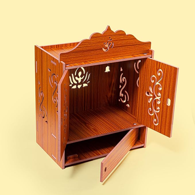 Wooden Wall Mounted Hanging Table top Temple Pooja Mandir God Stand Shelf for Storage and Idols Decoration for Home Office an