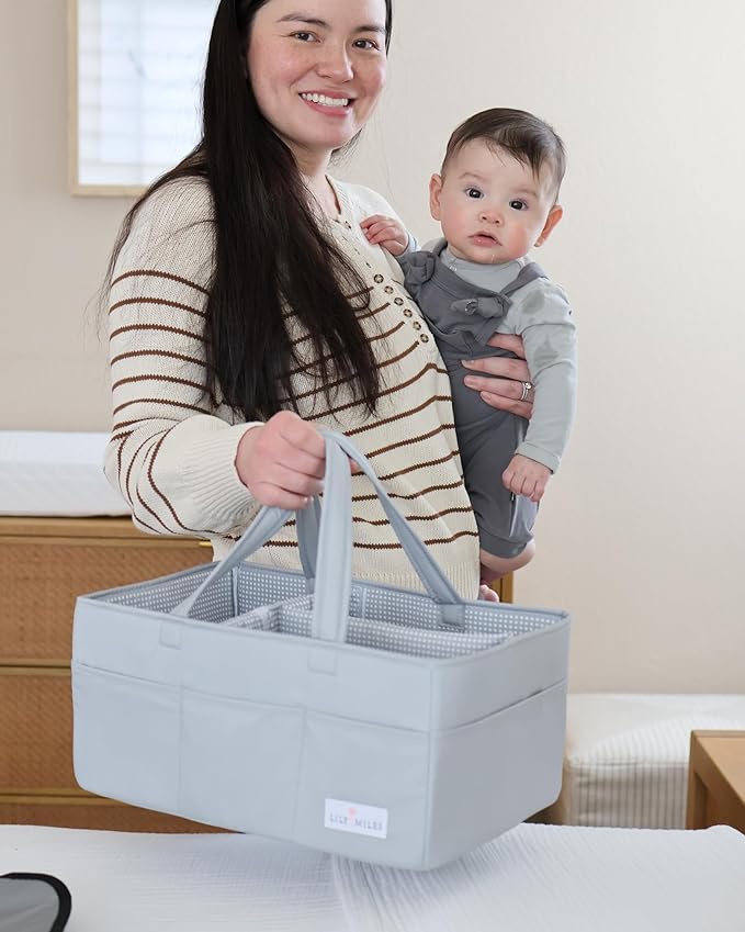 Lily Miles Diaper Caddy Organizer with 8 Pockets, Wipeable Baby Caddy Basket for Diapers and Wipes, Baby Registry Favorites, 