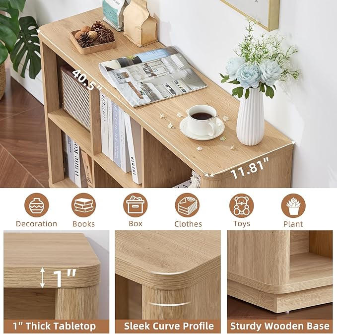 Joaxswe 6 Cube Storage Book Shelf, 40" Wide Low Horizontal Bookcase with Curved Edge, Floor Standing 2-Tier Wooden Bookshelf 