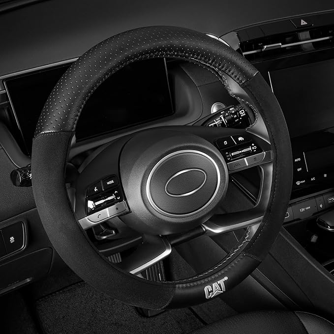 Cat® Steering Wheel Cover - Suede/PU Leather Black/Gray w/Chrome Logo, Durable & Comfortable with Advanced Grip, Car Steering Wheel Cover for Auto Truck Van SUV - Standard 14.5" - 15 Inches