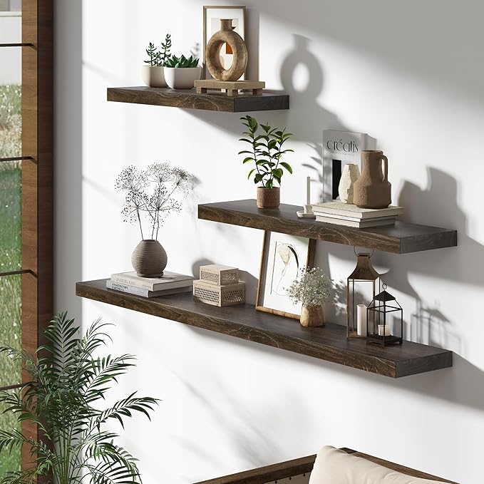 Dreamland 72 inch Floating Shelves for Wall Solid Elm Wood Wall Mounted Shelves|Rustic Long Floating Shelves with Invisible B