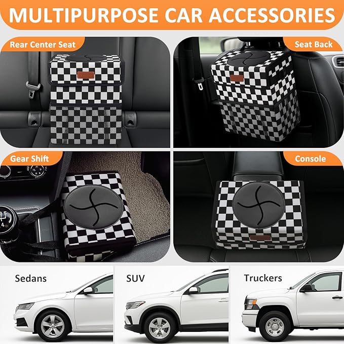 Car Trash Can Bin with Lid Hanging for Back Seat, Car Accessories for Women Men Leak Proof Automotive Garbage Cans Leakproof Vehicle Trash Can for Truck SUV,Black White Checkered