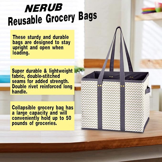 NERUB Reusable Grocery Tote Bags - Heavy Duty with Reinforced Bottom, Foldable Large Shopping Bags for Groceries (3 Pack)