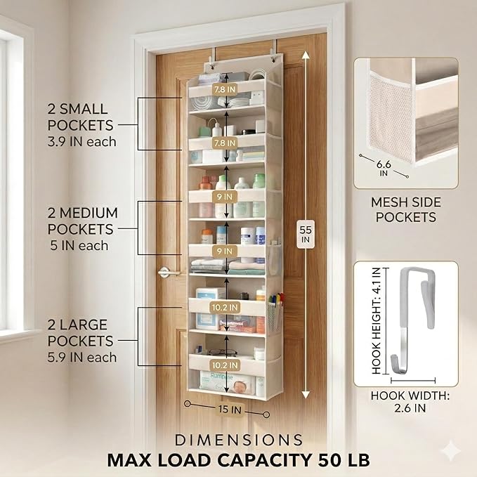 HOMELUX THEORY UPGRADED 6 Tiers Over The Door Organizer Hanging - 100D EXTRA THICK & 50lbs HUGE CAPACITY, 12 Side Mesh Pocket