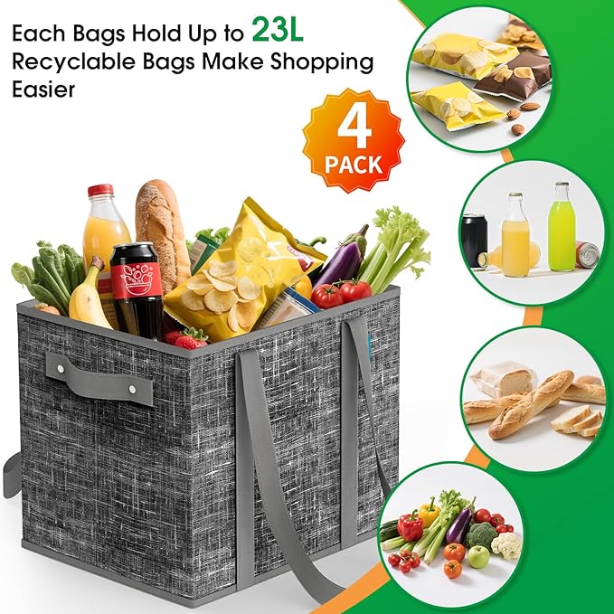 Fab totes Reusable Grocery Bags, Large Foldable Shopping Tote Bags with Reinforced Handles & Hard Bottom,4 Pack,Black