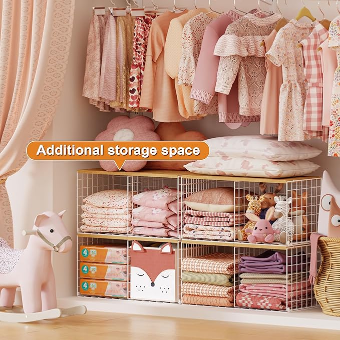 2 Pack Stackable Closet Organizers and Storage, 4 Cube Closet Shelves with Wood Top Board for Extra Clothes Storage, Small Me