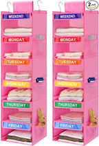 2 Pack 6-Shelf Weekly Clothes Organizer for Kids, Hanging Daily Closet Organization with 6 Side Pockets, Days of The Week Clo