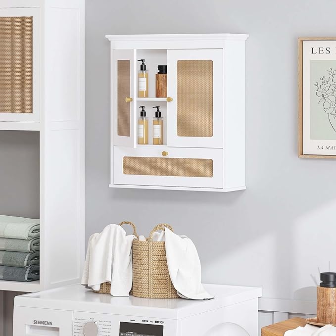 Spirich Bathroom Wall Cabinet Over Toilet, Boho Rattan Medicine Cabinet with Adjustable Shelf, Space-Saving Wall Mount Storag