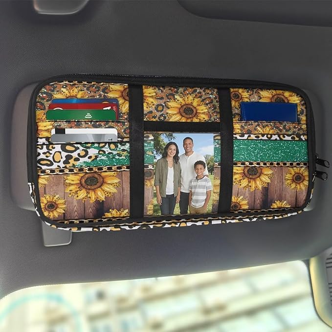 Sunflower Zippered Heavy Duty Sun Visor Organizer with Picture Holder Velcro Strap Storage Pouch with Multi-Pocket and Elastic Bands Easy Installation Universal Fit for Most Cars SUV